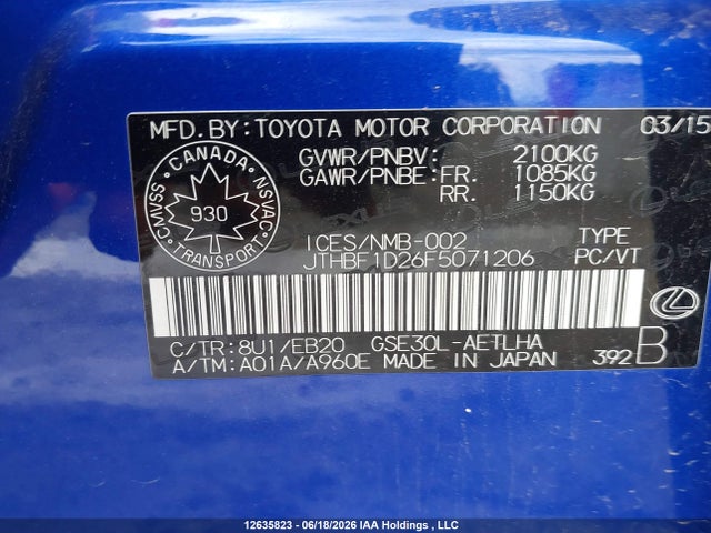 Продажа на аукционе авто 2015 Lexus Is 250, vin: JTHBF1D26F5071206, номер лота: 12635823