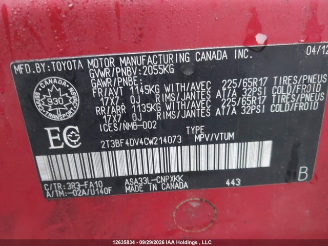 12635834 :رقم المزاد ، 2T3BF4DV4CW214073 vin ، 2012 Toyota Rav4 مزاد بيع