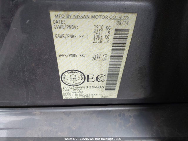 2015 Nissan Altima 2.5/2.5 S/2.5 Sl/2.5 Sv მანქანა იყიდება აუქციონზე, vin: 1N4AL3AP4FN329486, აუქციონის ნომერი: 12621872