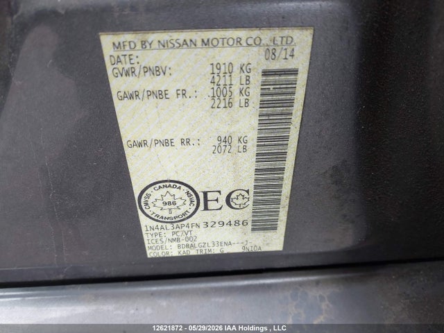 2015 Nissan Altima 2.5/2.5 S/2.5 Sl/2.5 Sv მანქანა იყიდება აუქციონზე, vin: 1N4AL3AP4FN329486, აუქციონის ნომერი: 12621872