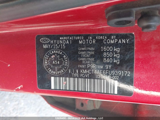 2015 Hyundai Accent Gl მანქანა იყიდება აუქციონზე, vin: KMHCT4AE6FU939172, აუქციონის ნომერი: 12626450