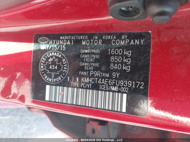 2015 Hyundai Accent Gl მანქანა იყიდება აუქციონზე, vin: KMHCT4AE6FU939172, აუქციონის ნომერი: 12626450