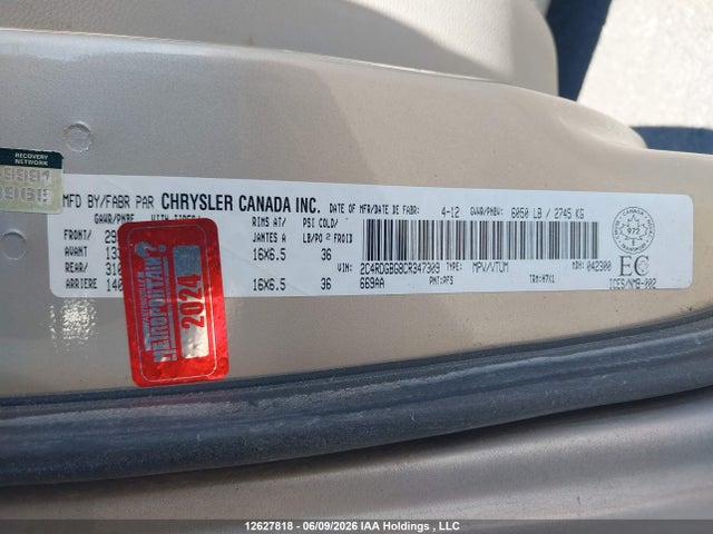 12627818 :رقم المزاد ، 2C4RDGBG8CR347309 vin ، 2012 Dodge Grand Caravan Se/sxt مزاد بيع