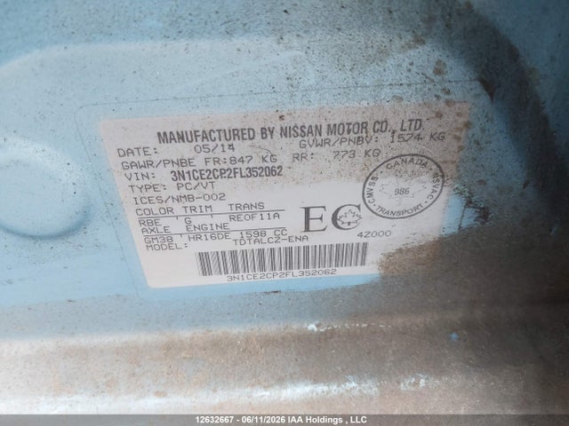Продажа на аукционе авто 2015 Nissan Versa Note 1.6 S/1.6 Sl/1.6 Sr/1.6 Sv, vin: 3N1CE2CP2FL352062, номер лота: 12632667