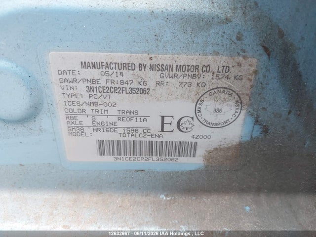 Продажа на аукционе авто 2015 Nissan Versa Note 1.6 S/1.6 Sl/1.6 Sr/1.6 Sv, vin: 3N1CE2CP2FL352062, номер лота: 12632667