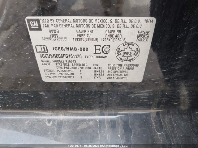 Продаж на аукціоні авто 2015 Chevrolet Silverado 1500 1lt/2lt, vin: 3GCUKREC6FG161136, номер лоту: 12615974