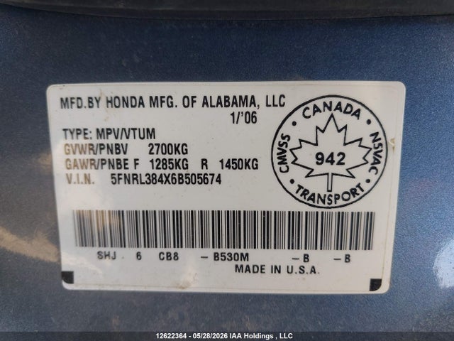 2006 Honda Odyssey Ex მანქანა იყიდება აუქციონზე, vin: 5FNRL384X6B505674, აუქციონის ნომერი: 12622364