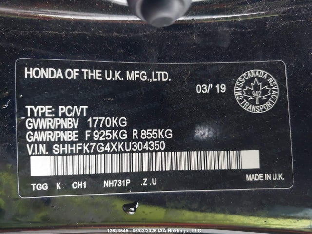 12623545 :رقم المزاد ، SHHFK7G4XKU304350 vin ، 2019 Honda Civic Sport مزاد بيع