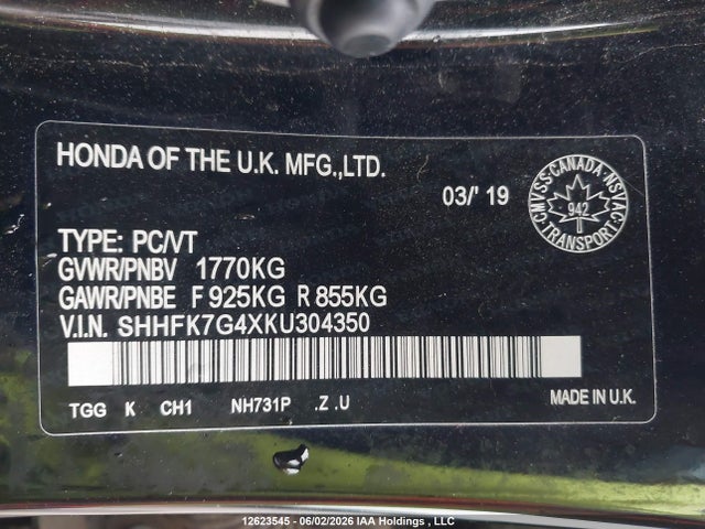 12623545 :رقم المزاد ، SHHFK7G4XKU304350 vin ، 2019 Honda Civic Sport مزاد بيع