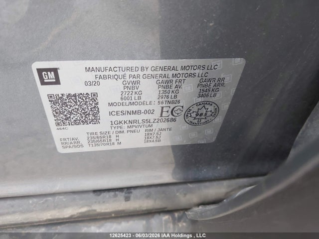 12625423 :رقم المزاد ، 1GKKNRLS5LZ202686 vin ، 2020 Gmc Acadia Sle مزاد بيع