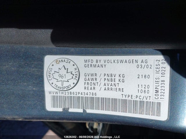 Aukcja sprzedaży 2002 Volkswagen Passat Glx, vin: WVWTH23B62P434786, numer aukcji: 12626302