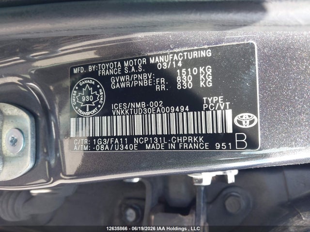 2014 Toyota Yaris მანქანა იყიდება აუქციონზე, vin: VNKKTUD30EA009494, აუქციონის ნომერი: 12635866