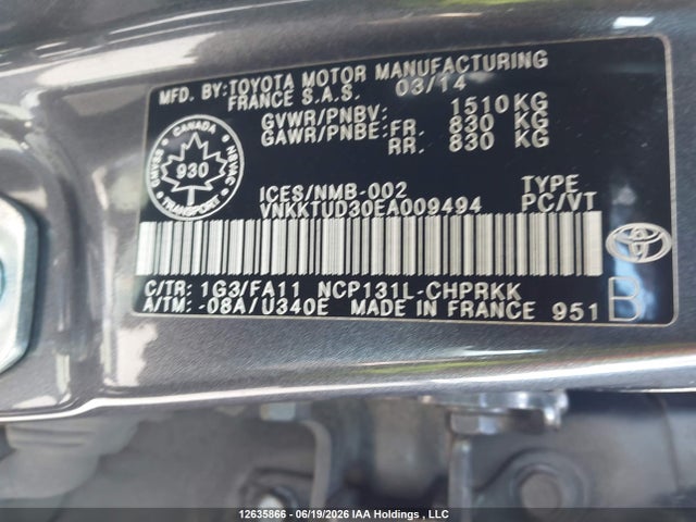 2014 Toyota Yaris მანქანა იყიდება აუქციონზე, vin: VNKKTUD30EA009494, აუქციონის ნომერი: 12635866