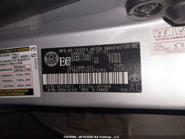 Aukcja sprzedaży 2008 Toyota Corolla Ce/le/s, vin: 2T1BR32E98C876365, numer aukcji: 12635868