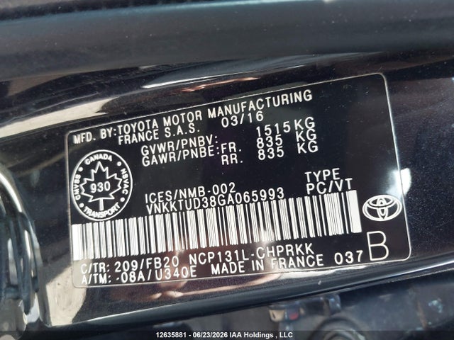 Продаж на аукціоні авто 2016 Toyota Yaris L/le/se, vin: VNKKTUD38GA065993, номер лоту: 12635881