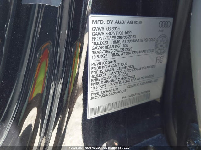 12635887 :رقم المزاد ، WU1ARAF15LD020664 vin ، 2020 Audi Rs Q8 4.0t مزاد بيع