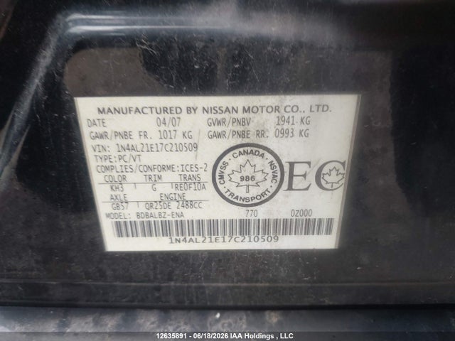 Продажа на аукционе авто 2007 Nissan Altima 2.5/2.5s, vin: 1N4AL21E17C210509, номер лота: 12635891