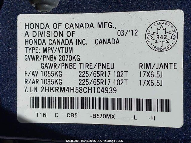 Продажа на аукционе авто 2012 Honda Cr-v Ex, vin: 2HKRM4H58CH104939, номер лота: 12635900