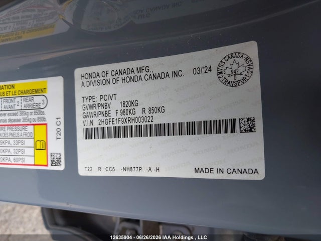 Продаж на аукціоні авто 2024 Honda Civic Touring, vin: 2HGFE1F9XRH003022, номер лоту: 12635904