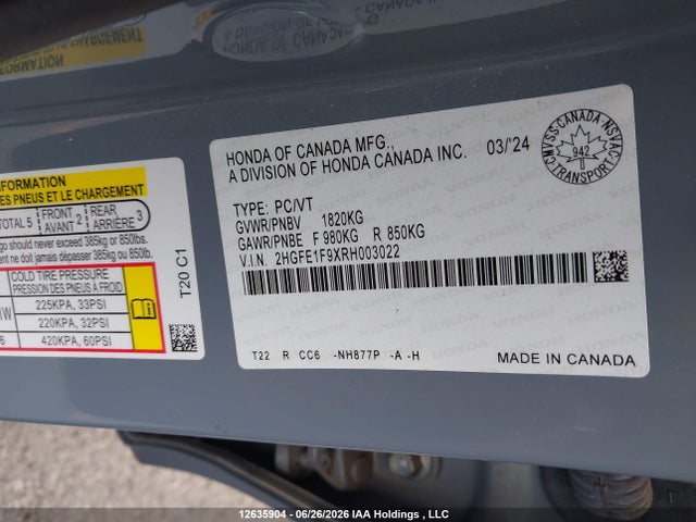 Продаж на аукціоні авто 2024 Honda Civic Touring, vin: 2HGFE1F9XRH003022, номер лоту: 12635904