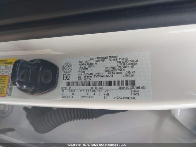 12635919 :رقم المزاد ، 1FT6W1EV2NWG12918 vin ، 2022 Ford F-150 Lightning مزاد بيع