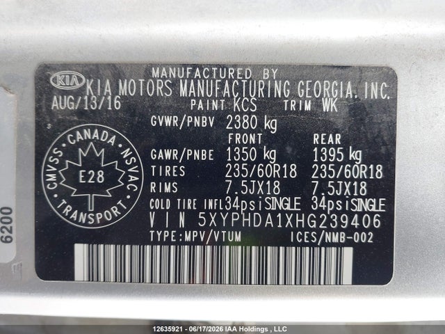2017 Kia Sorento 2.0l Ex/2.0l Lx Turbo მანქანა იყიდება აუქციონზე, vin: 5XYPHDA1XHG239406, აუქციონის ნომერი: 12635921