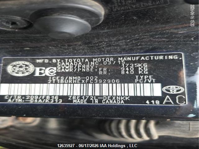 Продажа на аукционе авто 2015 Toyota Corolla L/le/le Pls/prm/s/s Pls, vin: 2T1BURHEXFC392906, номер лота: 12635927