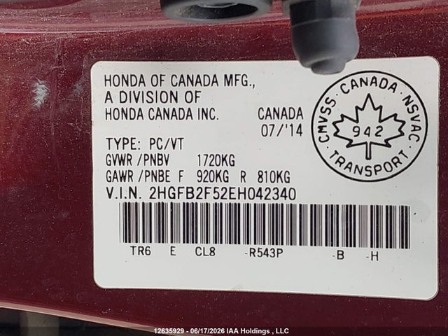 Продаж на аукціоні авто 2014 Honda Civic Lx, vin: 2HGFB2F52EH042340, номер лоту: 12635929