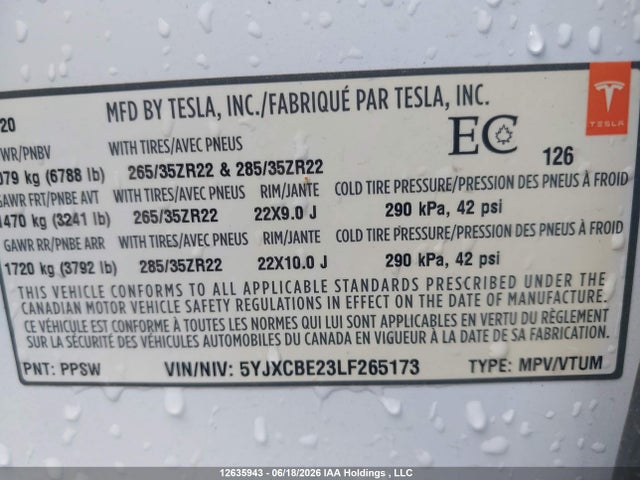 Продаж на аукціоні авто 2020 Tesla Model X, vin: 5YJXCBE23LF265173, номер лоту: 12635943