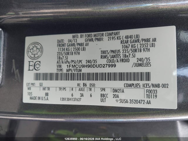 2013 Ford Escape Sel მანქანა იყიდება აუქციონზე, vin: 1FMCU9H90DUD27999, აუქციონის ნომერი: 12635950