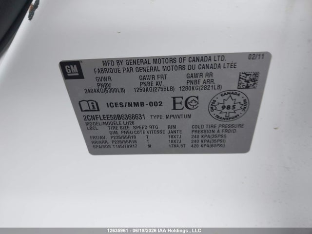 Aukcja sprzedaży 2011 Chevrolet Equinox Lt, vin: 2CNFLEE58B6368631, numer aukcji: 12635961