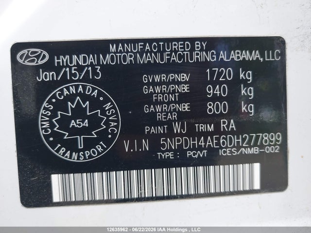 2013 Hyundai Elantra მანქანა იყიდება აუქციონზე, vin: 5NPDH4AE6DH277899, აუქციონის ნომერი: 12635962