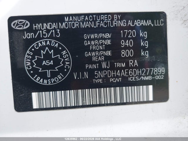 2013 Hyundai Elantra მანქანა იყიდება აუქციონზე, vin: 5NPDH4AE6DH277899, აუქციონის ნომერი: 12635962