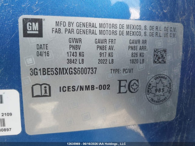Aukcja sprzedaży 2016 Chevrolet Cruze Lt Auto, vin: 3G1BE5SMXGS600737, numer aukcji: 12635969