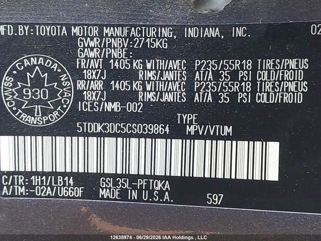 2012 Toyota Sienna Xle/limited მანქანა იყიდება აუქციონზე, vin: 5TDDK3DC5CS039864, აუქციონის ნომერი: 12635974