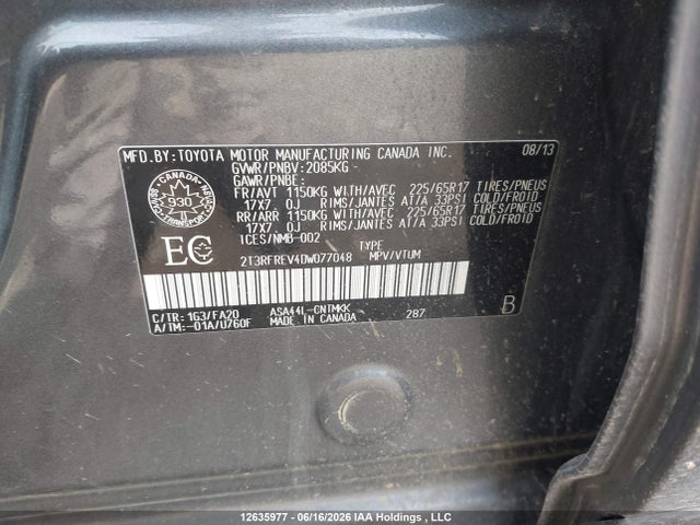 2013 Toyota Rav4 Xle მანქანა იყიდება აუქციონზე, vin: 2T3RFREV4DW077048, აუქციონის ნომერი: 12635977