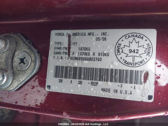 12635982 :رقم المزاد ، 1HGCM66506A802740 vin ، 2006 Honda Accord Ex مزاد بيع