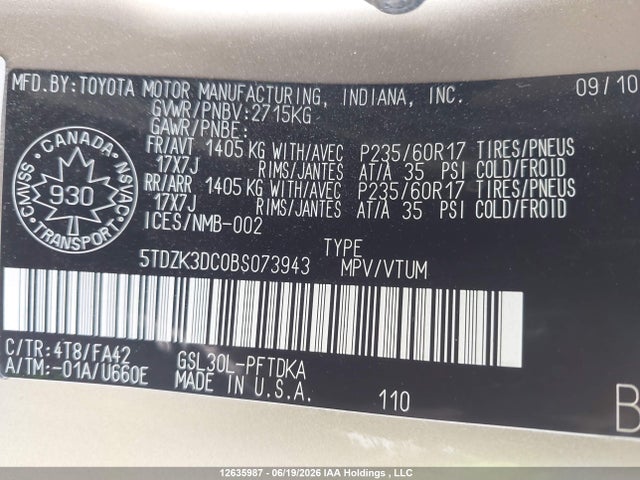 Продажа на аукционе авто 2011 Toyota Sienna, vin: 5TDZK3DC0BS073943, номер лота: 12635987