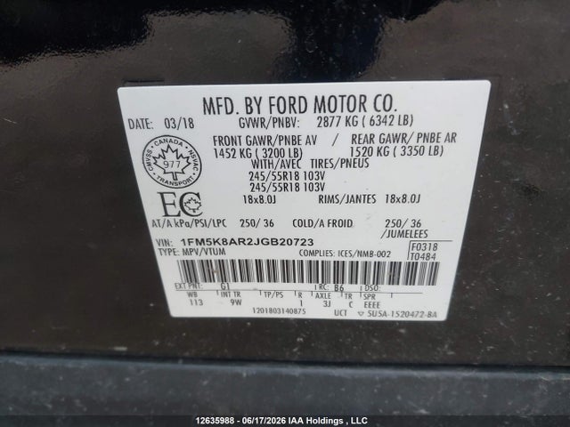 12635988 :رقم المزاد ، 1FM5K8AR2JGB20723 vin ، 2018 Ford Police Interceptor Utility مزاد بيع