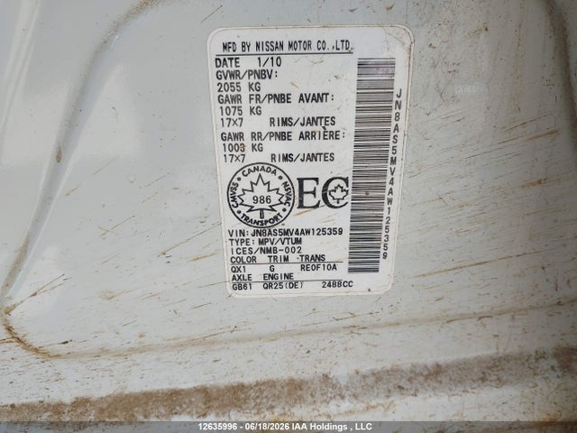 Aukcja sprzedaży 2010 Nissan Rogue Sl, vin: JN8AS5MV4AW125359, numer aukcji: 12635996