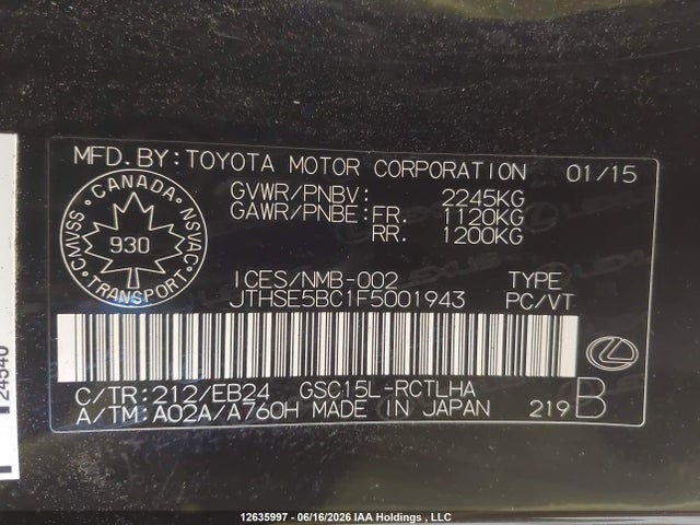 Aukcja sprzedaży 2015 Lexus Rc 350, vin: JTHSE5BC1F5001943, numer aukcji: 12635997