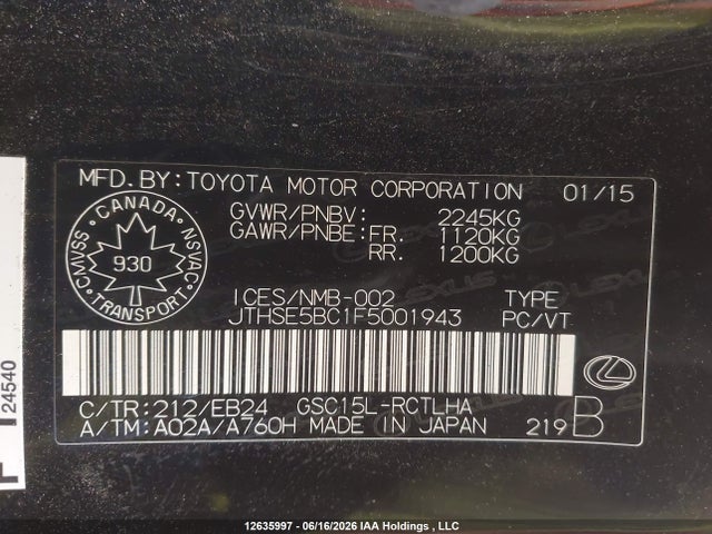 12635997 :رقم المزاد ، JTHSE5BC1F5001943 vin ، 2015 Lexus Rc 350 مزاد بيع