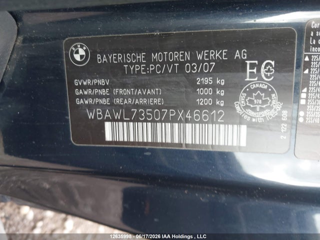 2007 Bmw 3-series მანქანა იყიდება აუქციონზე, vin: WBAWL73507PX46612, აუქციონის ნომერი: 12635998