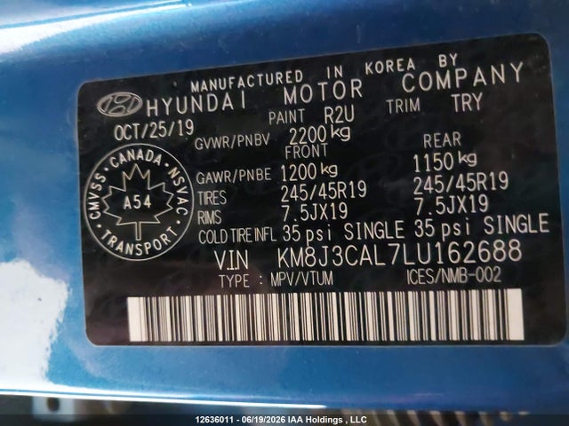 12636011 :رقم المزاد ، KM8J3CAL7LU162688 vin ، 2020 Hyundai Tucson Urban Edition مزاد بيع