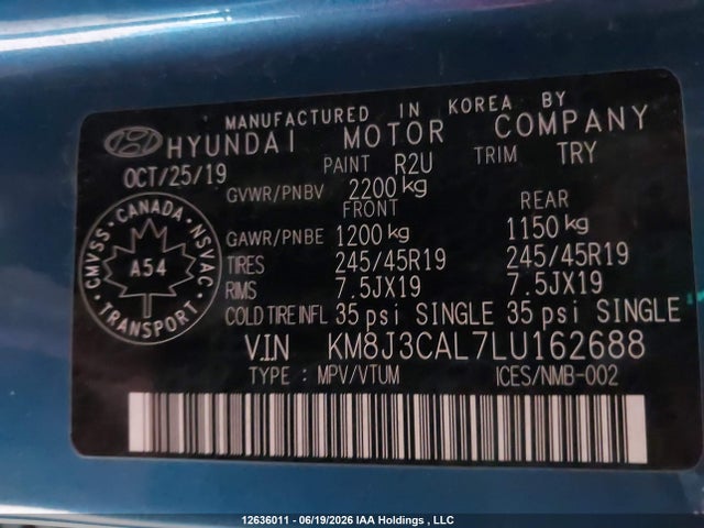 12636011 :رقم المزاد ، KM8J3CAL7LU162688 vin ، 2020 Hyundai Tucson Urban Edition مزاد بيع