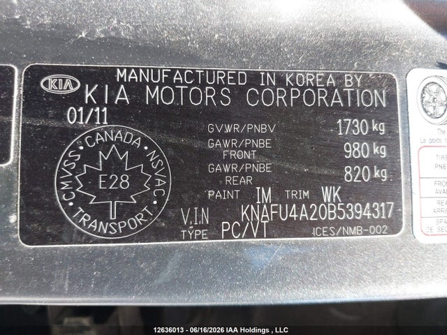 Продажа на аукционе авто 2011 Kia Forte 2.0l Ex, vin: KNAFU4A20B5394317, номер лота: 12636013