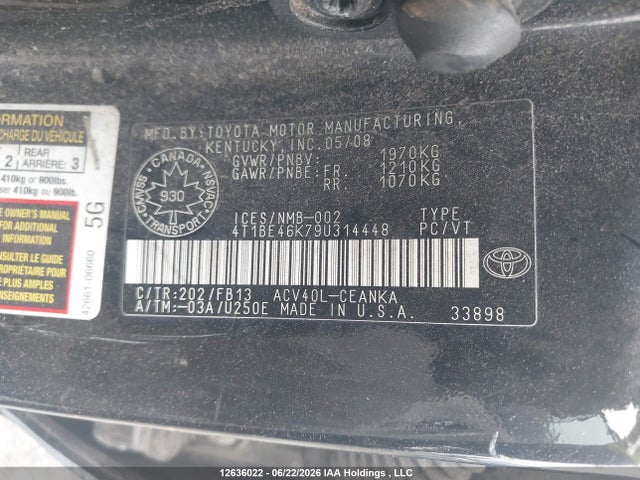 Продаж на аукціоні авто 2009 Toyota Camry Se/le/xle, vin: 4T1BE46K79U314448, номер лоту: 12636022