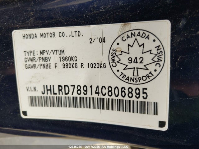 Продажа на аукционе авто 2004 Honda Cr-v Ex, vin: JHLRD78914C806895, номер лота: 12636025