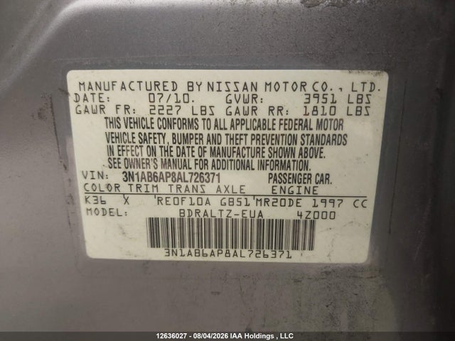 Продаж на аукціоні авто 2010 Nissan Sentra 2.0/2.0s/sr/2.0sl, vin: 3N1AB6AP8AL726371, номер лоту: 12636027
