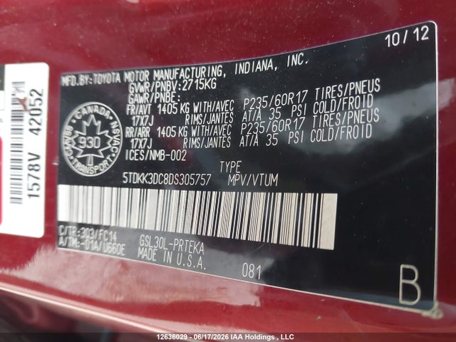 2013 Toyota Sienna Le 8 Passenger მანქანა იყიდება აუქციონზე, vin: 5TDKK3DC8DS305757, აუქციონის ნომერი: 12636029